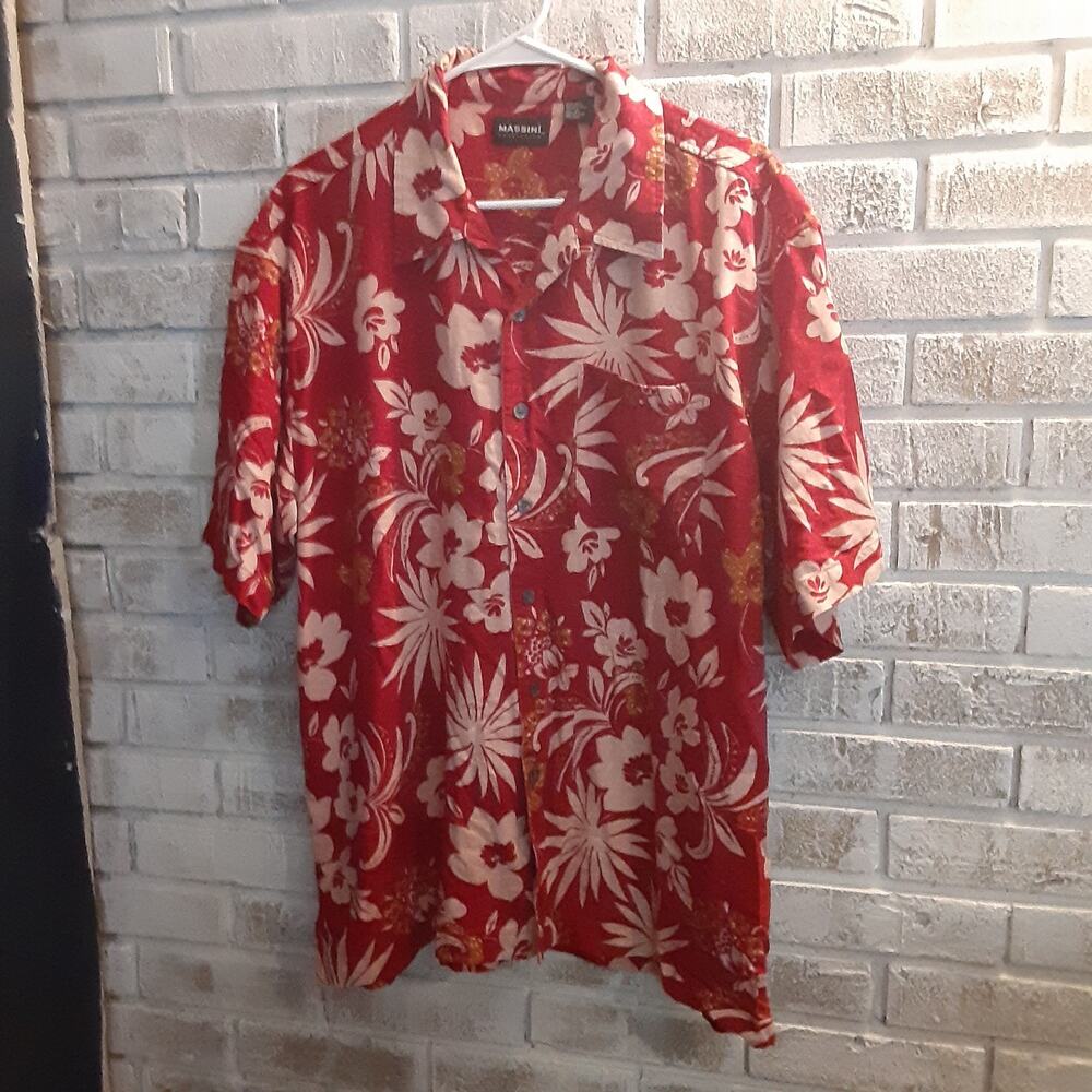Vintage Massini Hawaiian Shirt 100% Silk Red/Cream Floral button up XL
